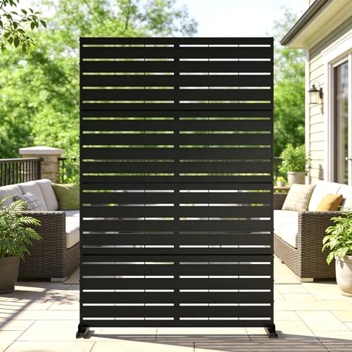 DoCred Metal Privacy Screen, 71" H X 45.7" W Freestanding Rustproof Steel Privacy Panels, Metal Outdoor Privacy Screens Decorative Fence with Stand for Deck, Patio, Backyard & Balcony - color: Black Louvered Pattern, size: 71" H x 45.7" W