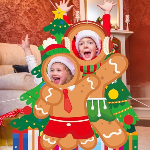 Christmas Gingerbread Man Photo Booth Prop Christmas Tree Photo Door Banner Background Large Fabric Face in Hole Photos Stand-in Gingerbread Backdrop for Indoor Outdoor Xmas Winter Holiday Supplies
