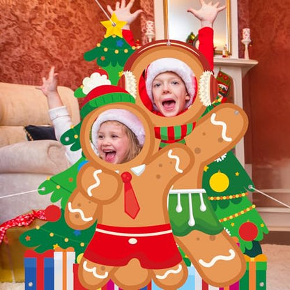 Christmas Gingerbread Man Photo Booth Prop Christmas Tree Photo Door Banner Background Large Fabric Face in Hole Photos Stand-in Gingerbread Backdrop for Indoor Outdoor Xmas Winter Holiday Supplies