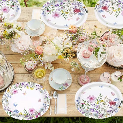 50Pcs Wildflower Oval Paper Plates 10" x 12" Heavy Duty Disposable Watercolor Flowers Butterfly Party Plates Spring Floral Dessert Platters for Wedding Baby Shower Birthday Picnic Tea Party Supplies - style: 50Pcs Wildflower Oval Paper Plates