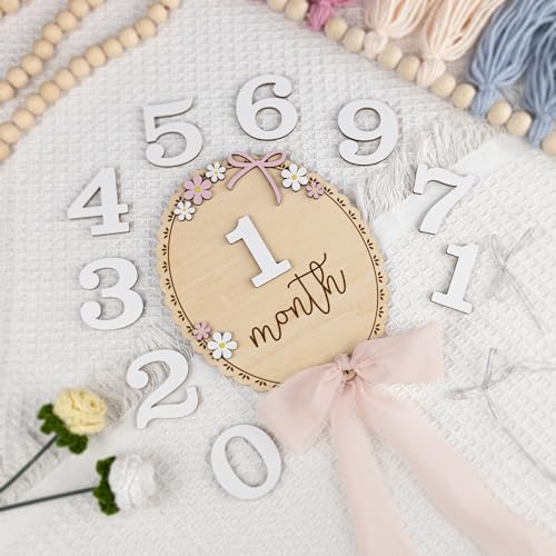 Baby Monthly Milestone Wooden Sign with Numbers, Natural Wood Milestone Board for Newborn Monthly Growth Photos, Cute 3D Flowers Photo Prop for Baby Milestone Memories (Pink Ribbon)
