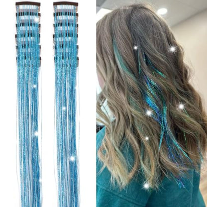 Hair Tinsel Clip in 12 Pcs Glitter Tinsel Hair Extensions 20 Inch Fairy Hair Clip in Hair Tinsel Heat Resistant Sparkly Hair Accessories for Girls Women Kids (Sky Blue) - color: Sky Blue