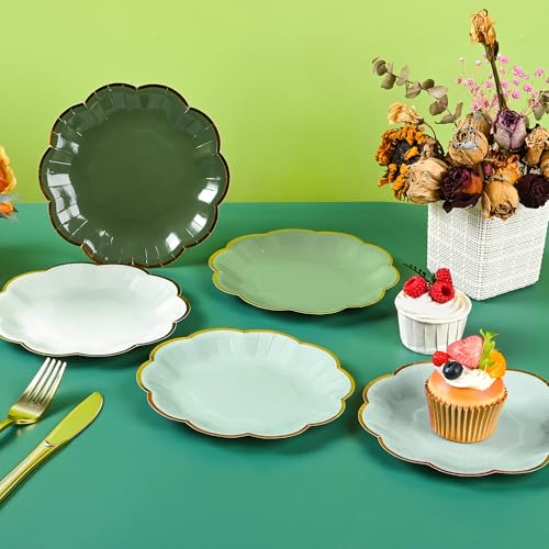 AimFun Sage Green Party Plates Gradient Green Dessert Paper Plate 7inch Gold Foil Scalloped Edge Disposable Cake Plates for Christmas Birthday Bridal Baby Shower Wedding Party Supplies (48) - color: Sage Green