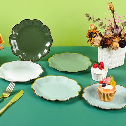AimFun Sage Green Party Plates Gradient Green Dessert Paper Plate 7inch Gold Foil Scalloped Edge Disposable Cake Plates for Christmas Birthday Bridal Baby Shower Wedding Party Supplies (48) - color: Sage Green