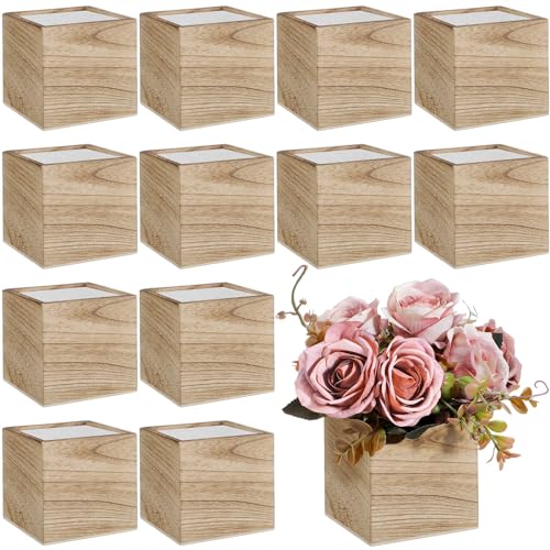 Suzile 12 Set 4 Inch Wooden Planter Box Flower Square Vases for Centerpiece Rustic Cube Planter Box with Removable Foam Blocks Liner Square Vase Craft for Garden Home(Wood Color) - color: Light Color, size: 4 Inch
