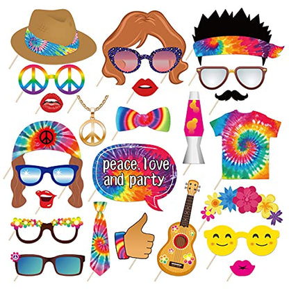 25Pcs Hippie Photo Booth Props with Stick, 60's 70's Groovy Theme Selfie Props, Tie Dye Birthday Party Supplies, Peace Sign Photography Backdrop Decorations