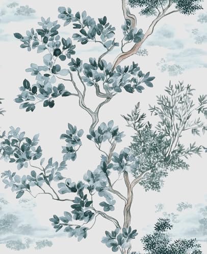 Watercolor Olive Tree Peel and Stick Wallpaper, Nature Leaf Botanical Mediterranean Style Removable Contact Paper for Bedroom Cabinet Stair, Boho Mural Wall Art Decor 17.5In x 118In Blue Green - color: White/Teal, size: 17.5" x 118"