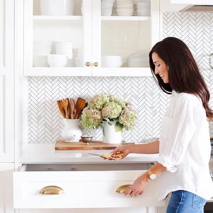STICKGOO 10 Sheets Herringbone Peel and Stick Backsplash, Stick on Aluminum Composite PVC Kitchen Backsplash, Marble White Mixed Light Grey Look Self Adhesive Wall Tiles - color: Calacatta