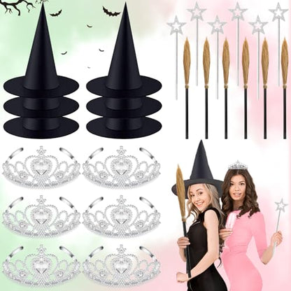 24 Pcs Witch Hats Glitter Star Wands Princess Crowns Set Black Wizard Hats Sparkling Princess Accessories - color: Brown