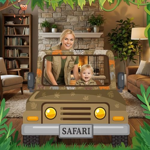 Capoda Safari Truck Photo Backdrop Stand up Cardboard Cutout for Jungle Party Decorations - 60 x 54 Inch Forest Animal Adventure Car Standee with Face Opening for Zoo Birthday Party Family Activity - style: Jungle Safari Car
