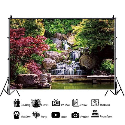 20x10ft Japan Garden Landscape Backdrop Retro Style Park View Photography Background Waterfall Maple Trees Bridge Kyoto Garden Travel Children Portrait Photo Props Japanese Backdrop for Party - size: 20x10ft