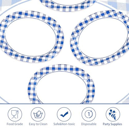 50Pcs Blue and White Gingham Oval Paper Plates 10" x 12" Large Blue Gingham Checkered Plaid Plates Disposable Heavy Duty Oktoberfest Plate for Oktoberfest Holiday Picnic BBQ Birthday Party Decorations - style: Blue Gingham Oval Plates