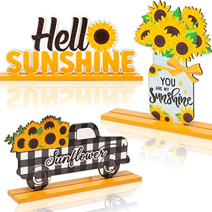 WATINC 3pcs Sunflower Wooden Table Centerpiece Sign Decoration, Hello Sunshine Wood Tabletop Signs, Summer Farmhouse Tiered Tray Table Topper Signs Decor for Home Kitchen Party Favor Photo Props