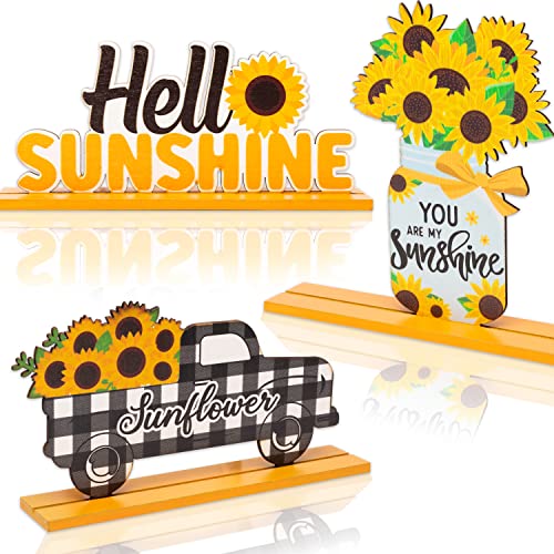 WATINC 3pcs Sunflower Wooden Table Centerpiece Sign Decoration, Hello Sunshine Wood Tabletop Signs, Summer Farmhouse Tiered Tray Table Topper Signs Decor for Home Kitchen Party Favor Photo Props