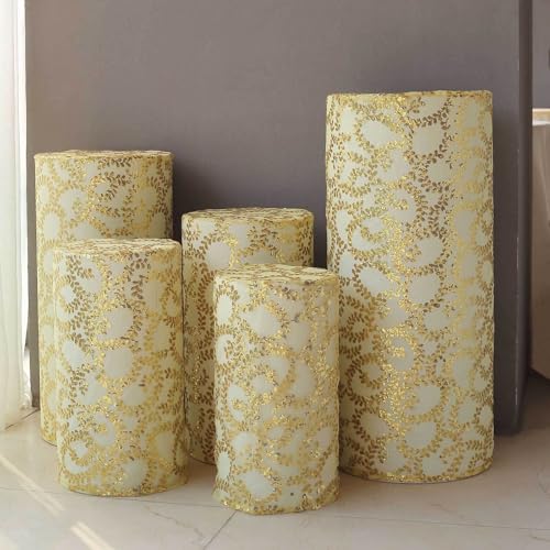 Efavormart Set of 5 Gold Sequin Mesh Cylinder Display Box Stand Covers with Leaf Vine Embroidery, Sparkly Sheer Tulle Pedestal Pillar Prop Covers - color: Gold, size: Sequin Mesh Cylinder Covers - Leaf Pattern