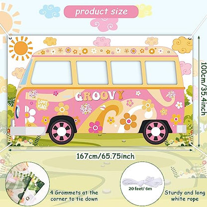 Hippie Bus Photo Prop Groovy Birthday Party Decorations Large Fabric Groovy Van Prop Hippie Selfie Frame Backdrop Background Banner Birthday Supplies Retro Daisy 60s 70s Party Favors 65.8 x 35.4 Inch - style: Hippie