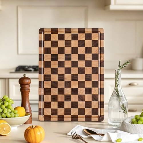 THETCHRY Cutting Boards for Kitchen, Checkered Cutting Board Upgraded, Acacia Wood Chopping Board with Juice Grooves & Handles, Large Butcher Block Serving Tray with Gift Box, 17"X12"X0.8" - size: 17"L x 12"W