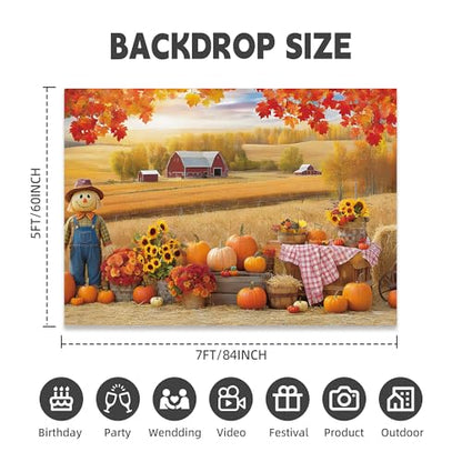 Fall Photography Backdrop 7x5ft, Autumn Maple Leaves Photo Background, Pumpkins Background for Thanksgiving Party, Farm Harvest Photo Booth Props - color: Autumn Backdrop-2, size: 7×5ft