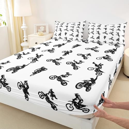 Motorcycle Kids Fitted Sheet Twin Size,Motorbikes Extreme Sports Games Bedding Set,Boys Girls Adults Room Decor,Off-Road Motorcycle Fashion Bed Cover,Black White Bed Sheet,1 Pillowcase - color: Multi 12, size: TWIN (W39*L75*H16")
