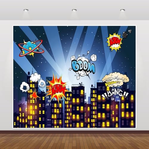 12x8ft Superhero Super City Photography Backdrops Cartoon Skyline Buildings City Boom Photo Backdrop Decorations Children Boys Birthday Party Cake Table Banner Background Studio Booth - size: 12X8FT