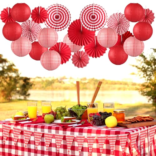 Moukeren 33 Pcs Picnic Party Decorations Set Paper Lanterns Red and White Checkered Gingham Pennant Banner with Hanging Paper Fans Tablecloth for Carnival Picnic BBQ Party Supplies