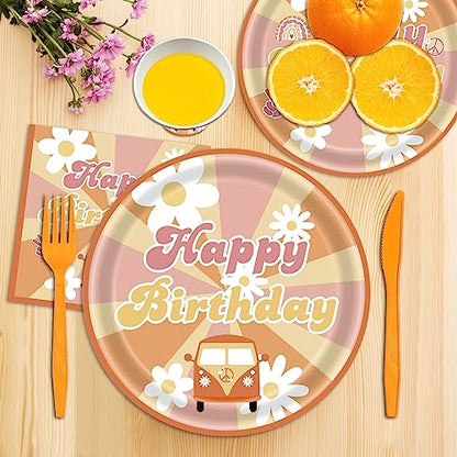 144Pcs Groovy Birthday Party Supplies Groovy Birthday Tableware Set Groovy Birthday Party Decorations Retro Boho Hippie Party Decorations Daisy Plates Napkins Cups Forks Knives Serve 24 - style: Groovy Daisy