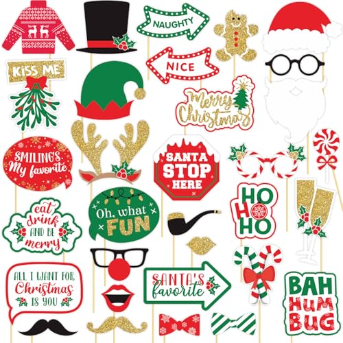 Christmas Photo Booth Props Kit(32Pcs) DIY Photo Booth Prop Pose Sign Kits for Adults Kids for Christmas Party Supplies (Style 2) - color: Style 2