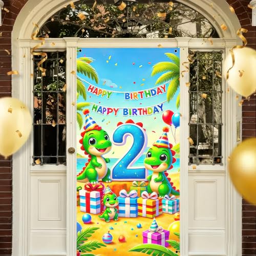 HOMETITUTE 2nd Birthday Door Cover 71x35 Inch Dinosaur Theme Birthday Banner for Toddler Party Decorations Beach Gift Backdrop Sign for Boys Girls Cake Table Props - color: Beach Dinosaur 2
