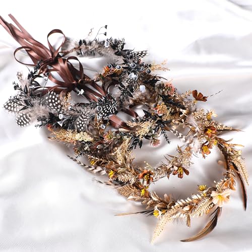 Brown Flower Crown Headband - Fairy Elf Floral Headpiece For Women Bridal Wedding Renaissance Hair Accessories Party Birthday Photoshoot Props - color: Feather-Brown