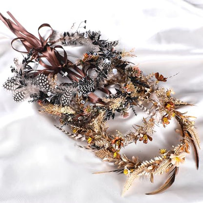 Brown Flower Crown Headband - Fairy Elf Floral Headpiece For Women Bridal Wedding Renaissance Hair Accessories Party Birthday Photoshoot Props - color: Feather-Brown