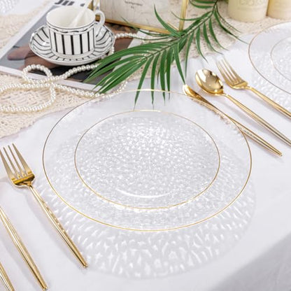 Rubtlamp 60Pcs Clear Plastic Plates,Clear Disposable Plates With Gold Rim,Heavy-duty Gold Plates,Hammered Party Plates Include 30Clear Dessert-Platos,30Dinner-Platos for Wedding, Party - color: Clear Gold