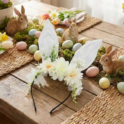 Women Easter Bunny Ears Headband Flowers Crown Rabbit Ears Party Headwear - color: White