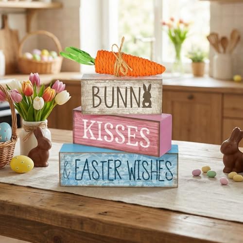 Moucuny 4 Pcs Easter Table Decoration Wooden Block Carrot Decor Easter Tiered Tray Decoration Cute Bunny Centerpiece Rustic Carrot Sign Gift for Holy Week Kitchen, Party, Entryway Fireplace Decor - style: Easter