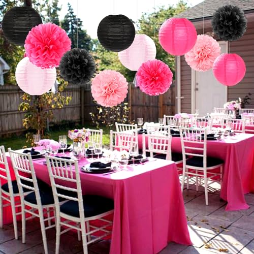 Hot-Pink Black Party-Decorations Paper Flowers Lanterns - 15PCS Graduation Birthday Tissue Pom Poms Streamers,Baby Girl Women Bachelorette Hanging Supplies Decor Hugfond - color: Light Pink Rosy Black