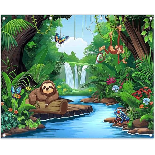 Polyester 10x8ft Rainforest Backdrop Tropical Jungle Forest Safari Animal Background for Kids Adventure Party Decorations Summer Event Photo Banner Props - size: 10'x8'