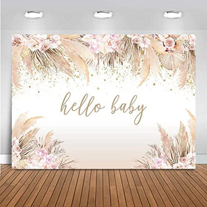 Mocsicka Boho Hello Baby Theme Backdrop Boho Chic Pink Flowers Baby Shower Background Girls Welcome Oh Sweet Baby Party Cake Table Decorations Photo Booth (10x7ft) - size: 10x7ft