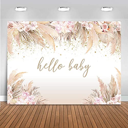 Mocsicka Boho Hello Baby Theme Backdrop Boho Chic Pink Flowers Baby Shower Background Girls Welcome Oh Sweet Baby Party Cake Table Decorations Photo Booth (8x6ft) - size: 8x6ft