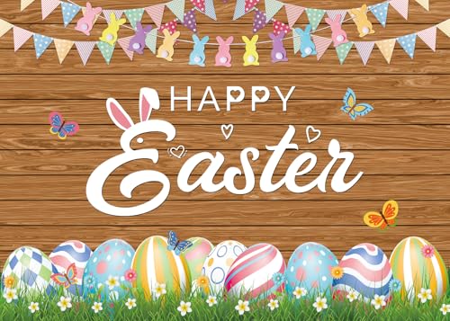 XCKALI Wood Easter Backdrop Wooden Happy Easter Day Photography Background Wooden Colorful Eggs Party Decoration 7x5FT
