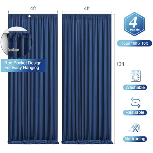 Navy Blue Backdrop Curtains - Wrinkle-Free Polyester Photography Drapes for Wedding, Baby Shower, Birthday, Graduation Party Decorations - 16 X 10FT - color: Navy Blue, size: W4' x H10'(4 panels)