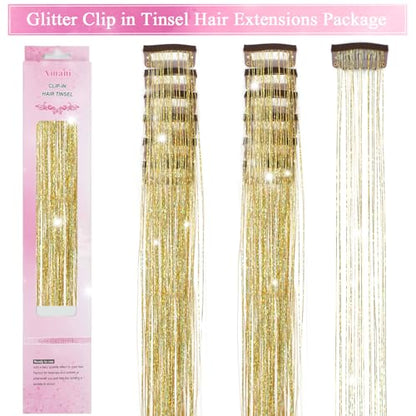 Hair Tinsel Clip in 12 Pcs Glitter Tinsel Hair Extensions 20 Inch Fairy Hair Clip in Hair Tinsel Heat Resistant Sparkly Gold Hair Accessories for Girls Women Kids (Gold) - color: Gold