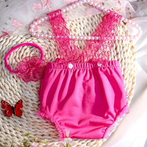 Ylsteed Newborn Photography Outfits - Lace Romper & Photo Props (Girls, Hot Pink) - color: Hot Pink