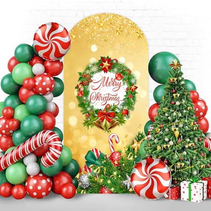 Merry Christmas Arch Backdrop Stand Cover 7.2ft Gold Arch Wall Backdrop Christmas Day Round Top Cover Spandex Fabric 2-Sided for Winter Party Xmas Family Holiday Photo - color: Christmas2, size: 7.2FT