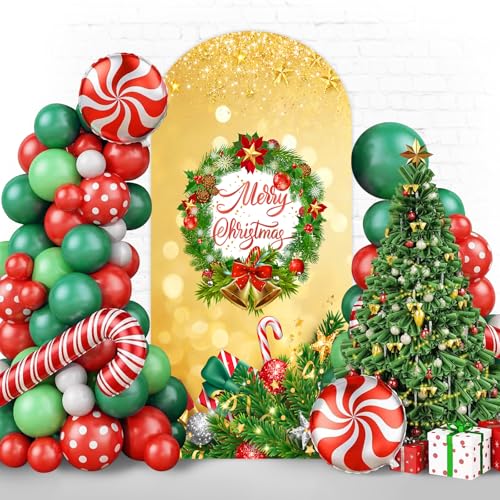 Merry Christmas Arch Backdrop Stand Cover 7.2ft Gold Arch Wall Backdrop Christmas Day Round Top Cover Spandex Fabric 2-Sided for Winter Party Xmas Family Holiday Photo - color: Christmas2, size: 7.2FT