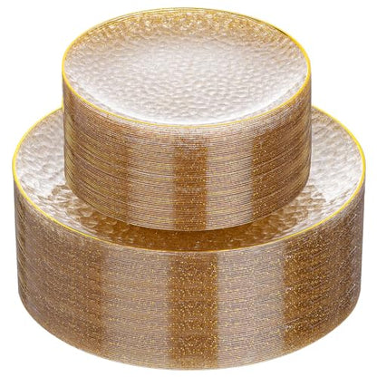 Rubtlamp 60Pcs Clear Gold Plastic Plates, Gold Glitter Disposable Plates, Hammered Plastic Plates Included 30 Dinner Plate And 30 Dessert Plates for Party - color: Gold Glitter