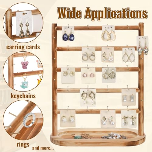 Earring Display Stands for Selling, 5 Tier Wooden Jewelry Display Rack with 56 Hooks for Vendors, Two-Sided Desktop Jewelry Towers Earring Cards Organizer for Bracelets, Rings