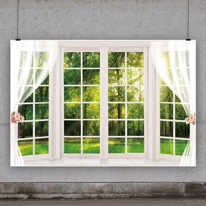 10x8ft Spring Window Scenery Backdrop White Windowsill Green Forest Trees Grassland Sunshine Natural Photography Background for Newborn Baby Kids Family Portrait Photo Shoot Prop Wallpaper - size: 10x8ft