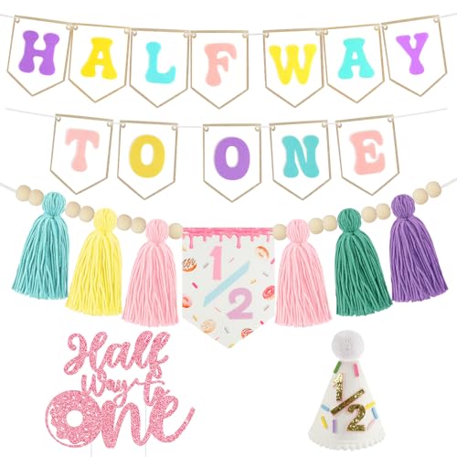 1/2 Birthday Girl Half Birthday Decorations, Donuts Candy Half Way to One Banner Glitter Cake Topper Tassel Wood Bead High Chair Banner & Cone Hat 6 Months birthday Decorations Party Supplies - color: Candy Color