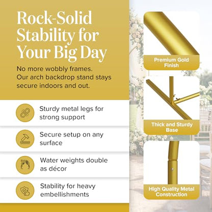 Metal Arch Backdrop Stand and Cover Set – 3 Gold Frames (7.2ft, 6ft x2) with White Wrinkle-Free Spandex Covers, Water Weights, Bags & Case – Wedding, Birthday, Baby Shower, Party Decor