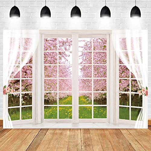 Renaiss 8x6ft Pink Cherry Blossom Backdrop Nature Garden Flower Tree White Windowsill Landscape Photography Background for Wedding Bridal Shower Birthday Party Decor Photo Studio Props - color: WSNWH17938, size: 8x6ft
