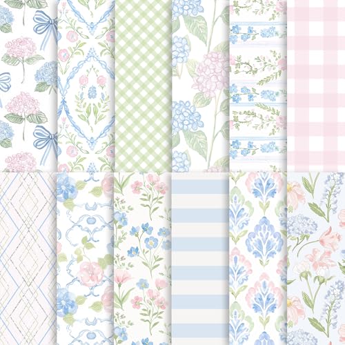 24 Sheets Watercolor Hydrangea Scrapbook Paper, Pastel Floral Patterns Decorative Craft Paper Folded Flat for Christmas Birthday Baby Shower Card Making Photo Album Decor, 12'' x 12''